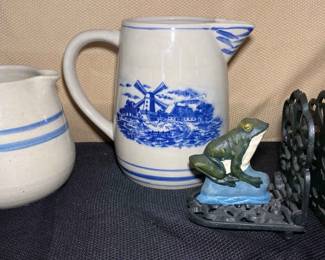 Ribbit Pair Of Primitive Pottery Pitchers and Cast Iron Frog Book Ends