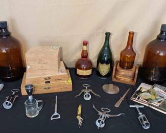 Vintage Bar Assortment Amber Jugs, Cigar Boxes, Bar Tools, And More