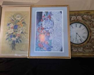 Framed Floral Prints And Metal Clock Blue Willow BY PATTY BAILEY SHEETS And Others 