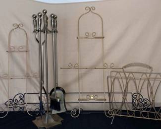 Brass And Black Toned Metal Wall Hangings Fireplace Tool Set Magazine Holder 