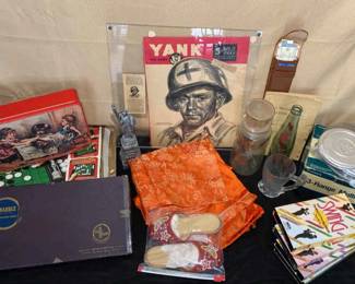 Assorted Vintage Variety Scrabble, 75th Birthday Peanut Jar, Yank The Army Poster, Slide Rule, 