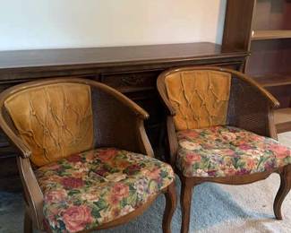 Set Of Two Vintage Floral Upholstered Wood Wicker Chairs 