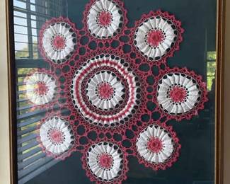 Vintage 70s Handmade Red  White Crochet Doiley Framed Shadowbox Folk Art Piece 