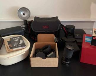 Vintage Film Accessory Mystery Lot Lenses, Lens Caps, Bags, Flash  More 