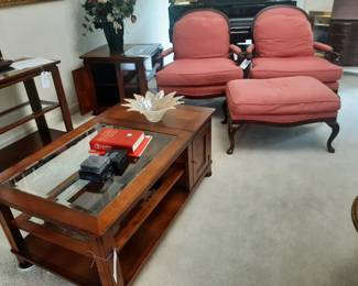 Coffee table, arm chairs, settee
