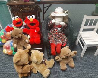 Vintage children's chairs, stuffed animals, Elmo