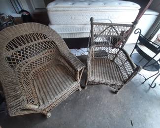 Wicker chairs, Pottery Barn twin bed with mattress, box springs, frame.  Twin pillow top mattress.