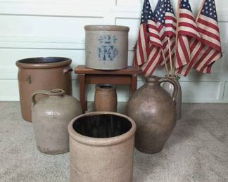 Stoneware Crocks And Whiskey Jugs, Antique
