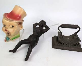 Risque Boot Jack, Chalkware String Holder And Cast Iron Fluter