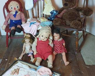 Vintage Dolls, Childrens Chairs And Doll Clothing