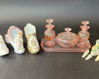 Pink Depression Glass Vanity Set And More