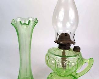 Green Uranium Glass Oil Lamp And Vase