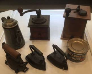 Antique Coffee Grinders, Sad Irons, And More