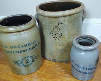 Vintage Stoneware Crocks And Churn Featuring A. P. Donaghho