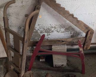 Antique Wagon Jack, Buck Bow Saw, Hand Dolly, And Vise