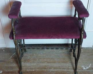 Antique Wrought Iron Upholstered Vanity Bench