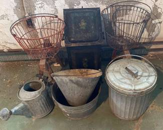 Antique Coal Bin, Egg Baskets, And Galvanized Containers