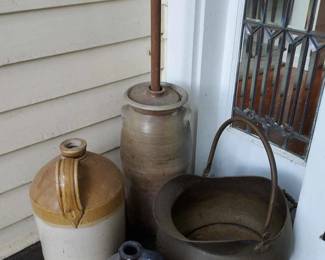 Antique Coal Pot, Stoneware Jugs And Butter Churn