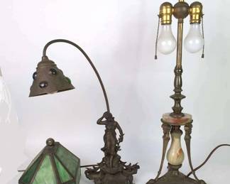 Slag Glass Lamp Shade, Art Nouveau Style And Footed Lamp With Marble Accents
