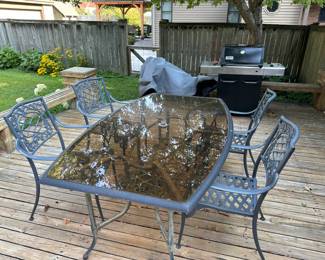 Iron rectangular outdoor table with 4 chairs, Weber gas grill with cover