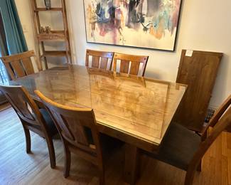 Rustic dining set with glass protector, 1 leaf, and 6 chairs