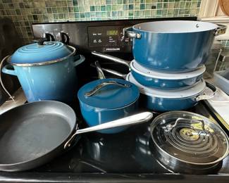 Caraway Pot and Pan set and Le Creuset pot