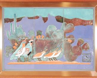 35" x 26" Hand Made Ceramic Tile Art "Quail Family" by Brian Beamish