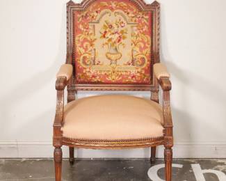 Vintage Louis XVI Style Carved Wood Chair with Embroidery