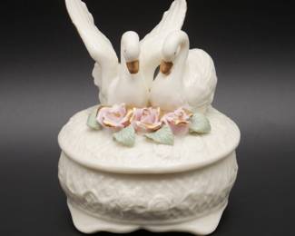 White Repousse Ceramic Trinket Dish w/Gilded Swans & Roses