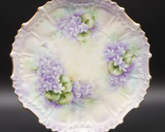 Signed Hand Painted Gilded Plate w/Purple Flowers