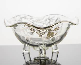 Vintage Silver City 3 Footed Glass Bowl w/ Gold Overlay & Floral Pattern