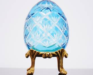 Hollow Blue Glass Egg w/Gold Tone 4-Leg Stand