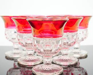 Set Of 8 Vintage Tiffin King's Crown Cranberry Liquer Glasses