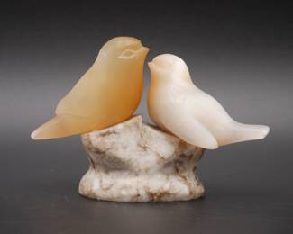 Peach Selenite Love Birds on Marble Base Small Sculpture