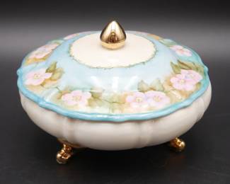Vintage Wickline Hand Painted 3 Footed Porcelain Bowl w/ Lid & Gold Accents