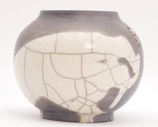 Gray & Cream Raku Style Pottery Vase Signed Byrns