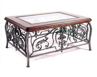 Hekman Loire Valley Cast Iron Scroll Base Wood & Beveled Glass Top Coffee Table