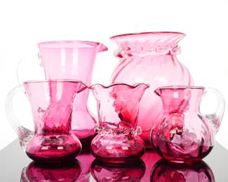 Vintage Pilgrim 5 Piece Cranberry Hand Blown Glass Set