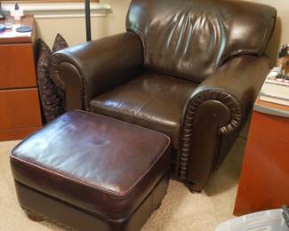 Espresso Leather Art Deco Style Club Chair & Ottoman