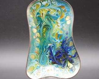 Enamel on Copper Lustrous Colorful Swirl Dish by Laura Smith, Signed