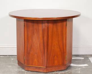 Mid-Century Modern Barrel Style Walnut End Table with Shelf