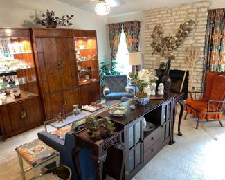 (3) piece entertainment center- hutch- shelving unit-          Blue oriental upholstered matching sofa, bench and curtains - CUSTOM MADE.                                                                   Expresso Sofa/Entry table, (2) asian heirloom stands