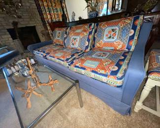 Blue custom upholstered ,asian styled sofa                  
