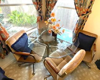vintage hexagon glass table with brass trim, 4 matching chairs 