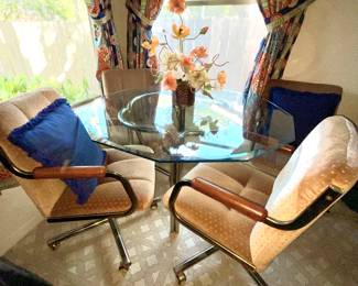 vintage hexagon glass table with brass trim, 4 matching chairs 
