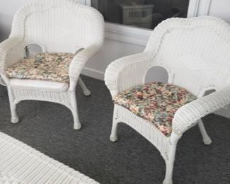 Rattan 2 chairs, matching rocker and loveseat, table