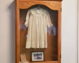 Very nice shadow box,  100 year old dress 
