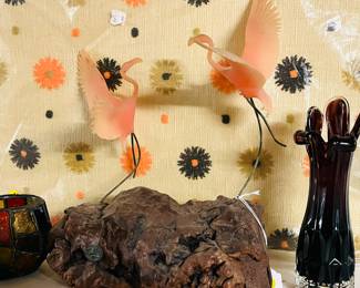 MCM John Perry pink flamingo on burl wood sculpture 