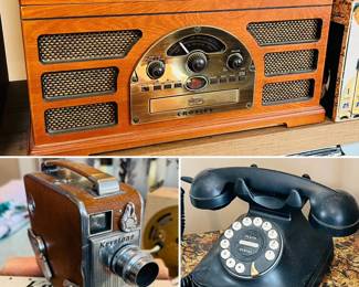 Crosley Rochester CR66 4-in-1 Record Player Turntable Cassette CD AM FM Radio
Keystone Bel Air K 41 movie camera w/ box 
Vintage corded landline telephone with flash redial
