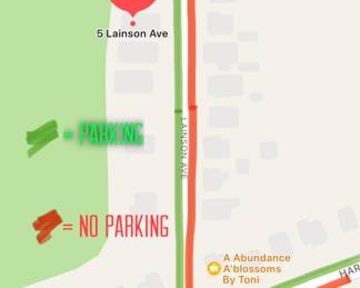 Parking will be available on the south side of Lainson Ave and on the westside of Harrison. There will be a designated dropoff/pickup area directly outside the estate. DO NOT PARK ON THE NORTH SIDE OF LAINSON AVE — this will block traffic making it extremely difficult for vehicles to turn around after drop off/pickup. 